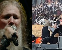 AMON AMARTH's JOHAN HEGG Slips And Falls On Stage In Cardiff (Video)